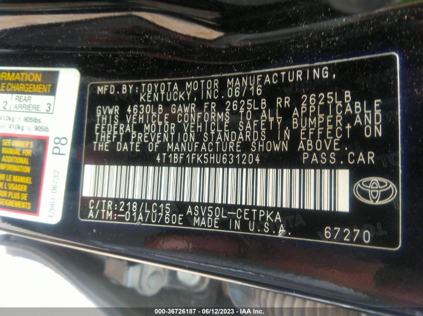 2017 TOYOTA CAMRY XLE/SE/LE/XSE - 4T1BF1FK5HU631204
