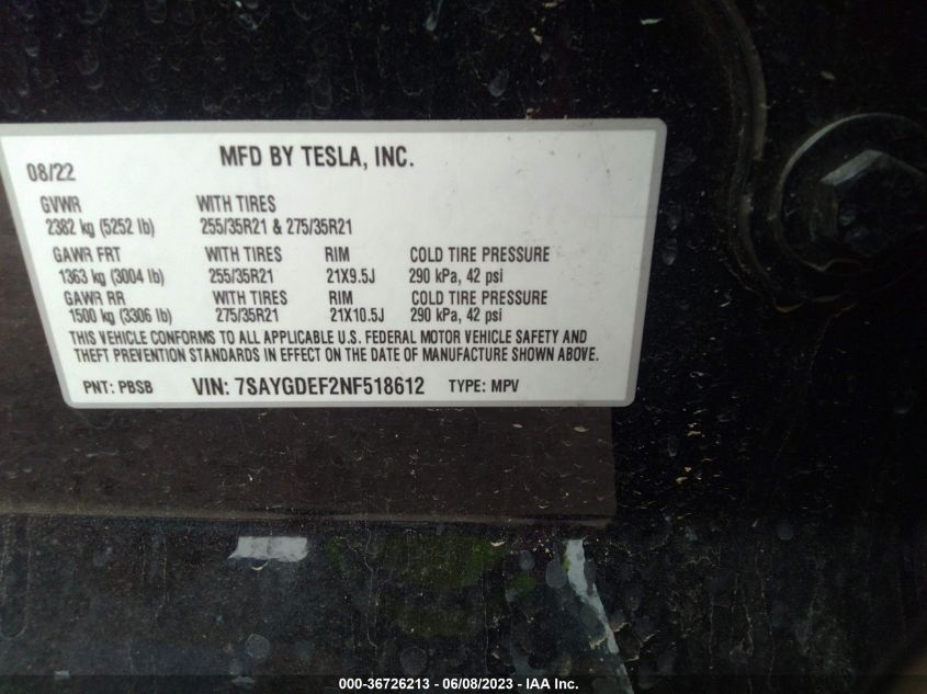 2022 TESLA MODEL Y PERFORMANCE - 7SAYGDEF2NF518612