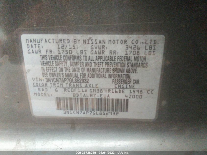 2016 NISSAN VERSA S/S PLUS/SL/SV - 3N1CN7AP7GL852932