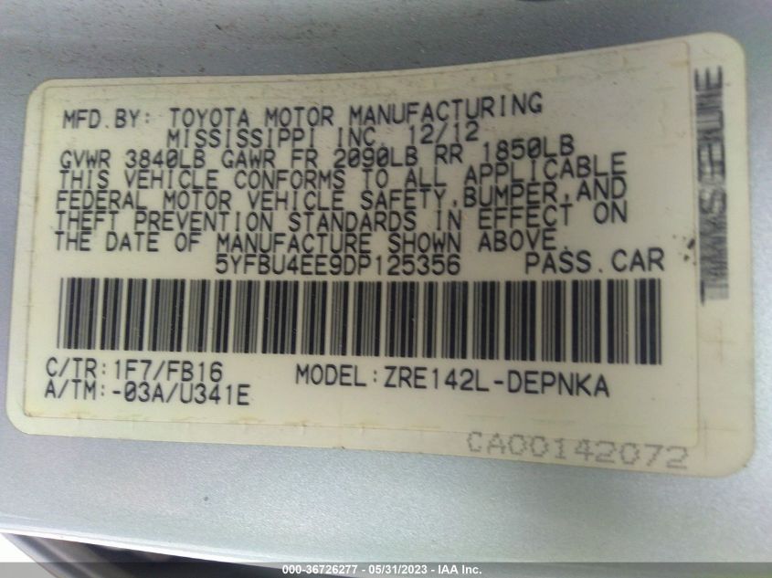 2013 TOYOTA COROLLA L/LE/S - 5YFBU4EE9DP125356