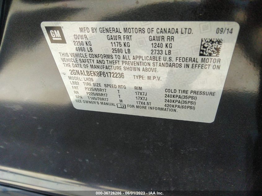 2015 CHEVROLET EQUINOX LT - 2GNALBEK8F6172236