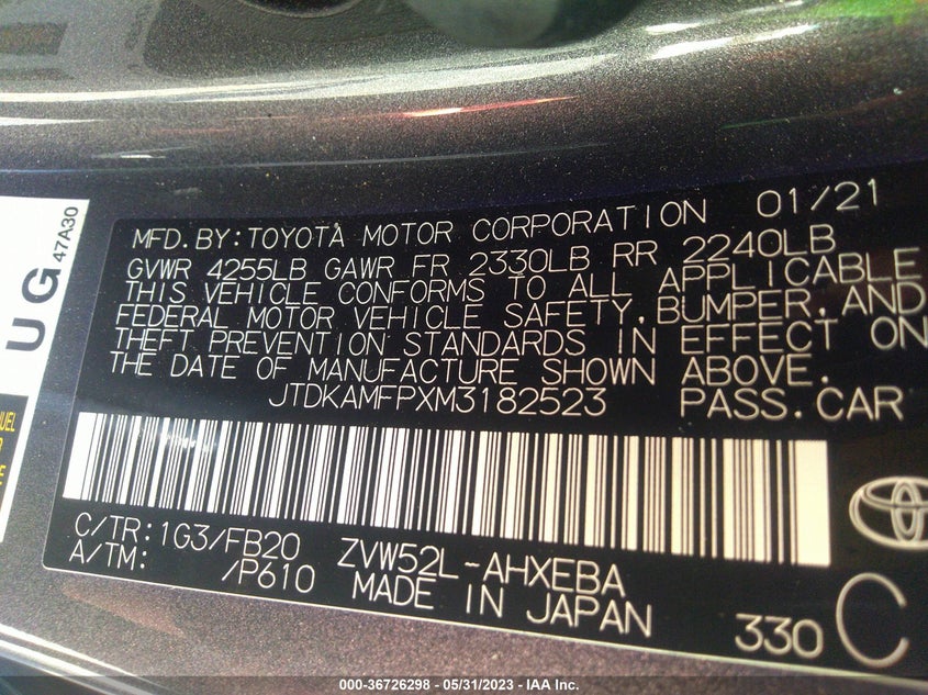 VIN JTDKAMFPXM3182523 2021 TOYOTA PRIUS PRIME LE/XLE/LIMITED