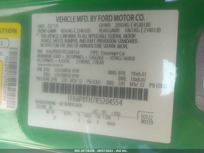 1FA6P8TH7K5204554 2019 FORD MUSTANG, photo no. 9