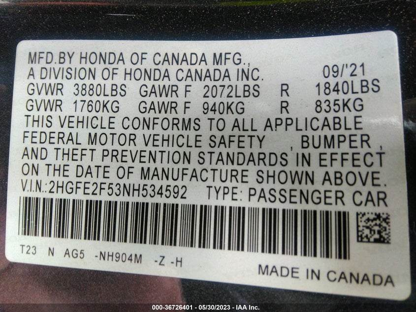VIN 2HGFE2F53NH534592 2022 HONDA CIVIC SEDAN SPORT