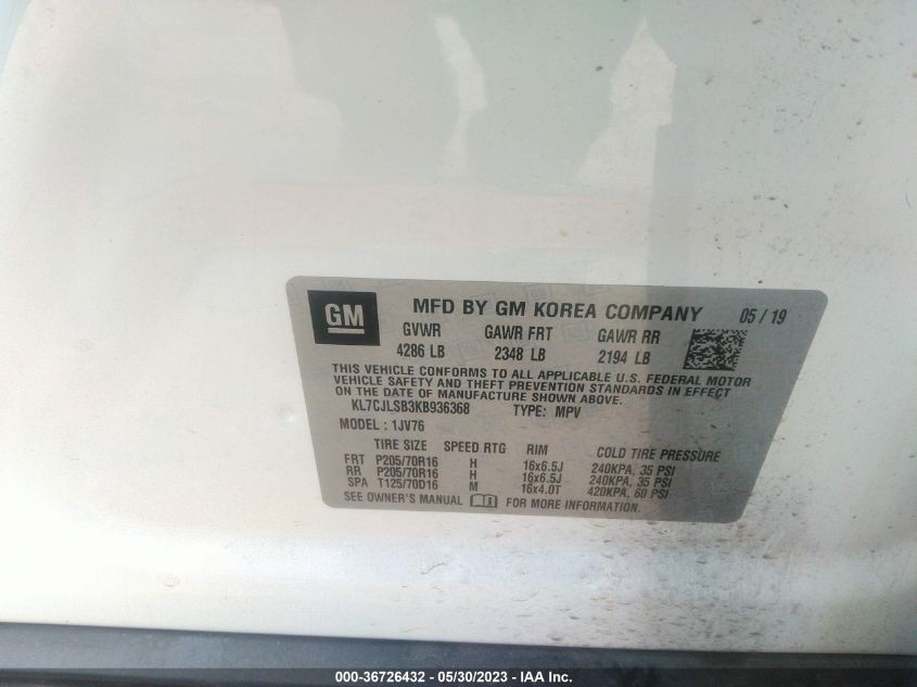 2019 CHEVROLET TRAX LT - KL7CJLSB3KB936368