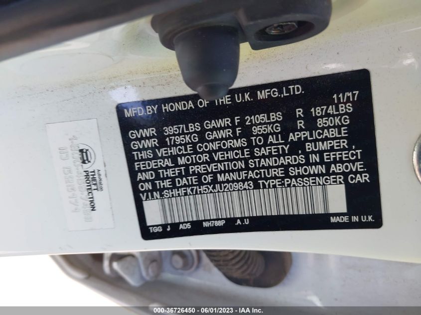 2018 HONDA CIVIC HATCHBACK EX - SHHFK7H5XJU209843