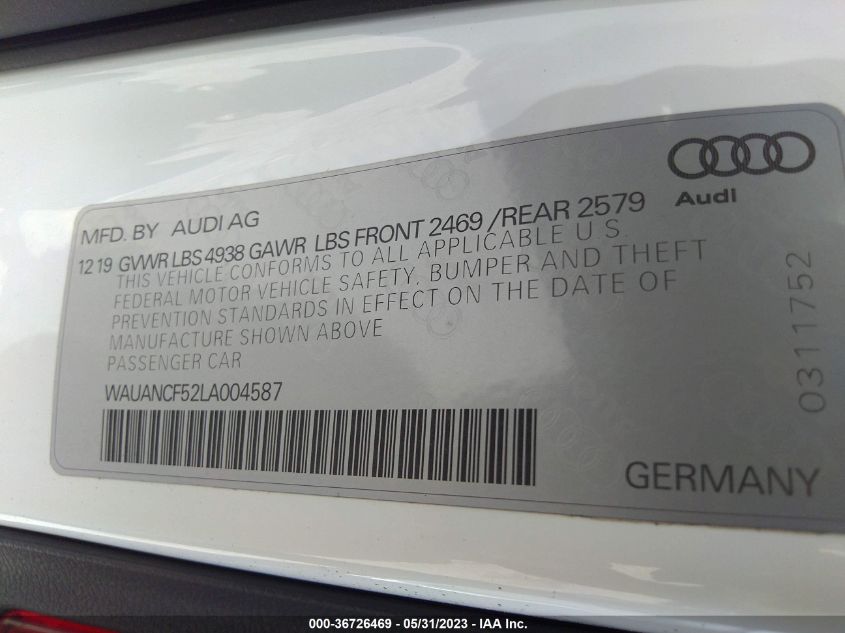 2020 AUDI A5 SPORTBACK PREMIUM - WAUANCF52LA004587