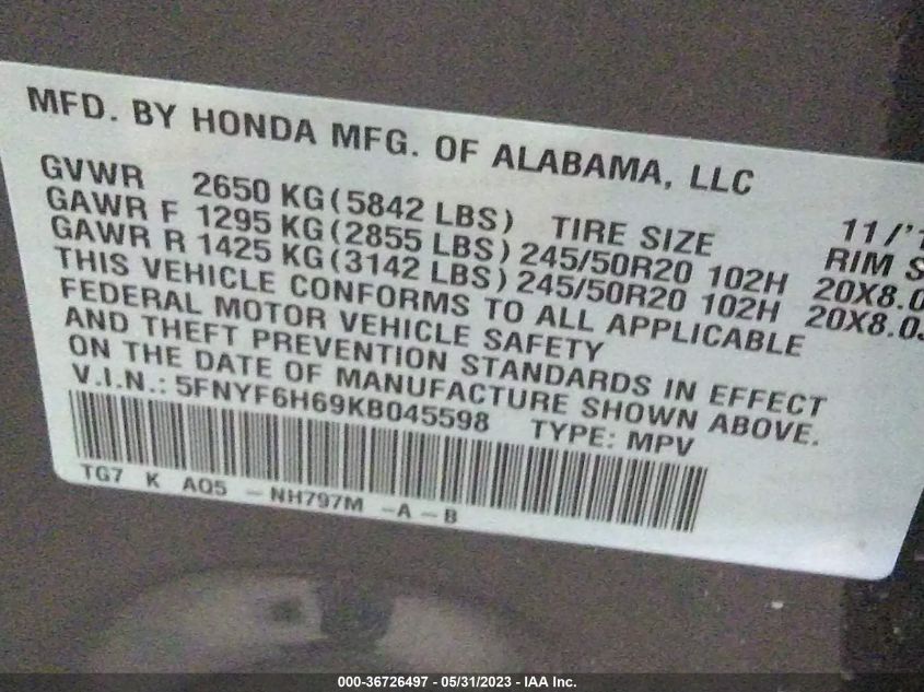 2019 HONDA PILOT TOURING 7-PASSENGER - 5FNYF6H69KB045598