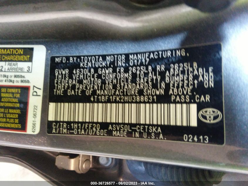 2017 TOYOTA CAMRY XLE/SE/LE/XSE - 4T1BF1FK2HU388631