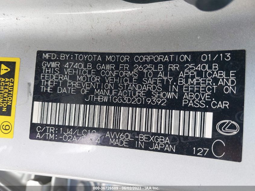 2013 LEXUS ES 300H JTHBW1GG3D2019392