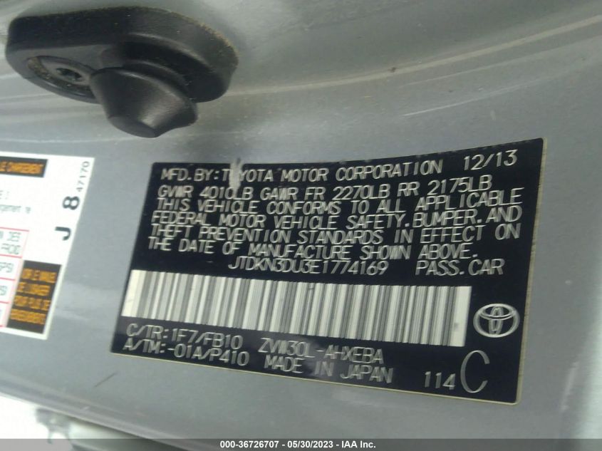 2014 TOYOTA PRIUS FOUR/FIVE/THREE/ONE/TWO - JTDKN3DU3E1774169
