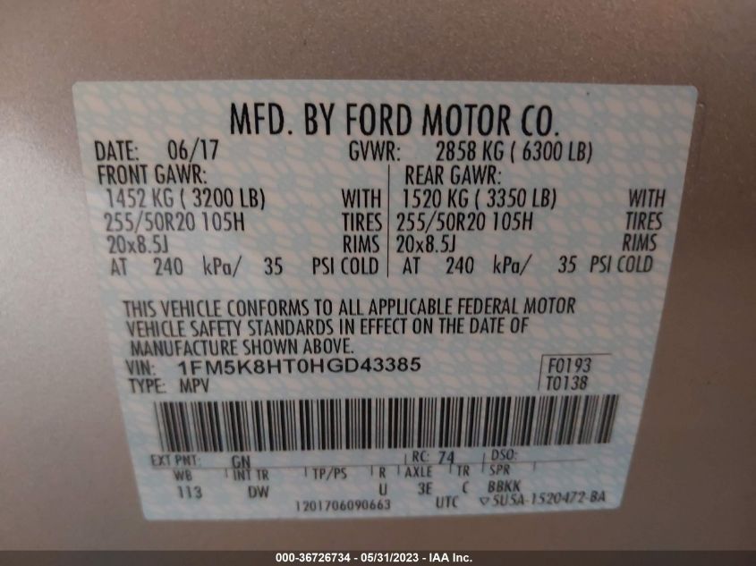 2017 FORD EXPLORER PLATINUM - 1FM5K8HT0HGD43385