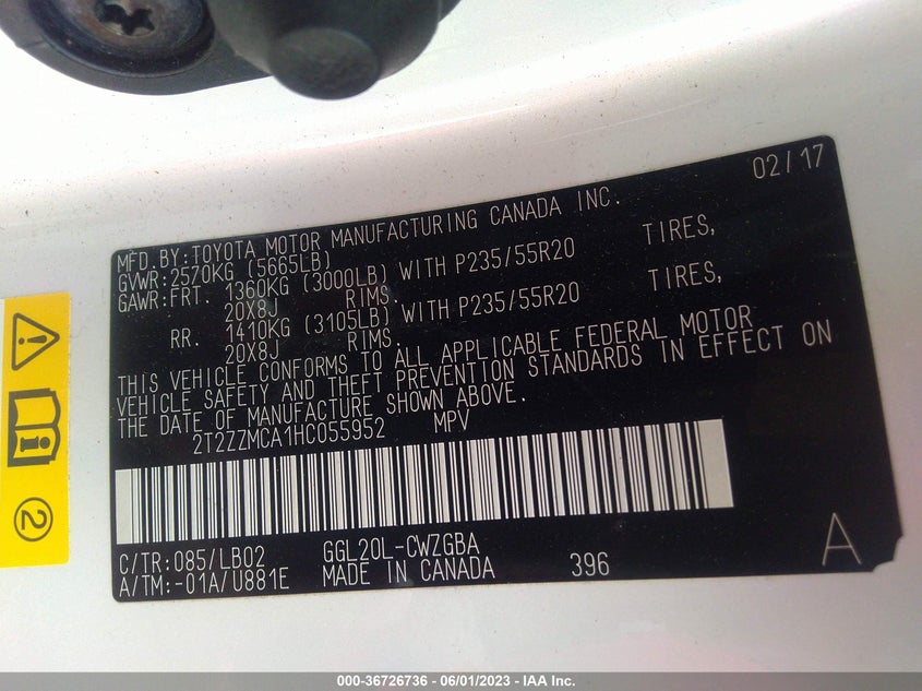 VIN 2T2ZZMCA1HC055952 2017 LEXUS RX RX 350