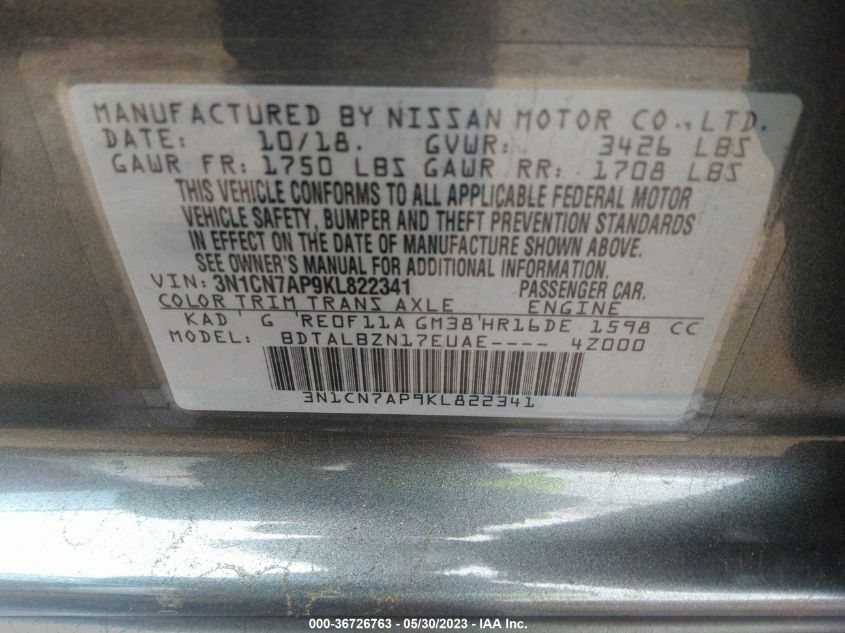 2019 NISSAN VERSA SEDAN SV - 3N1CN7AP9KL822341