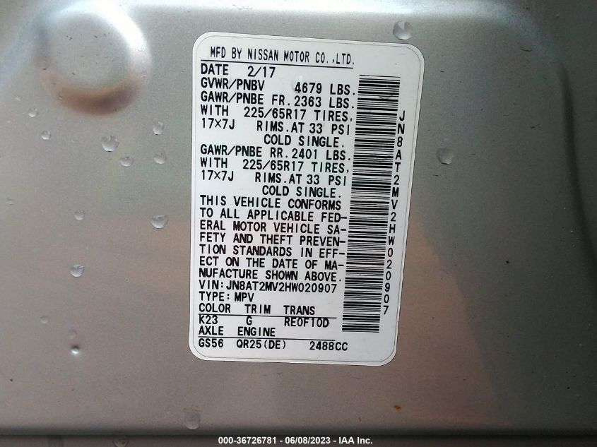 2017 NISSAN ROGUE SV - JN8AT2MV2HW020907