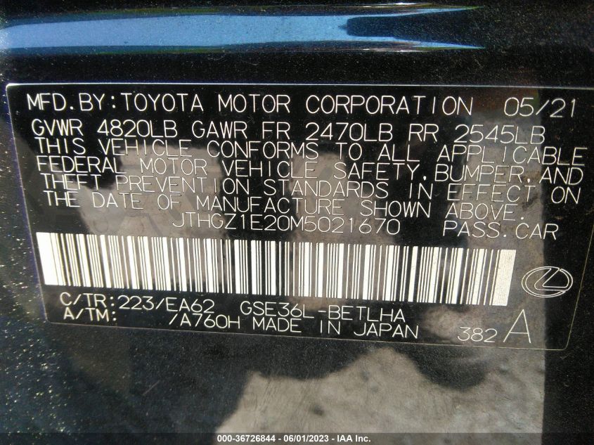 2021 LEXUS IS IS 350 F SPORT - JTHGZ1E20M5021670