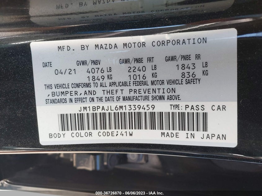 VIN JM1BPAJL6M1339459 2021 MAZDA MAZDA3 HATCHBACK 2.5 S