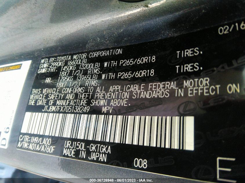 2016 LEXUS GX 460 JTJBM7FX7G5138249