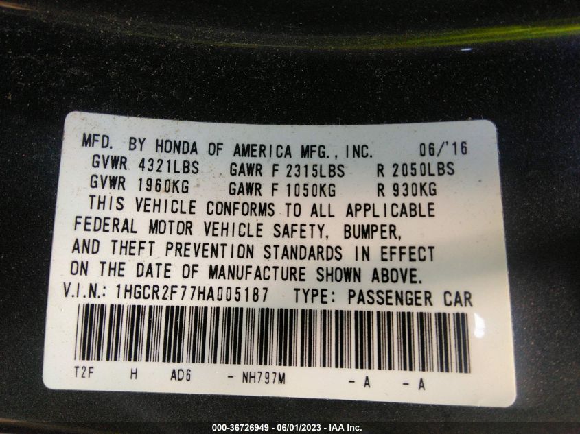 2017 HONDA ACCORD SEDAN EX - 1HGCR2F77HA005187