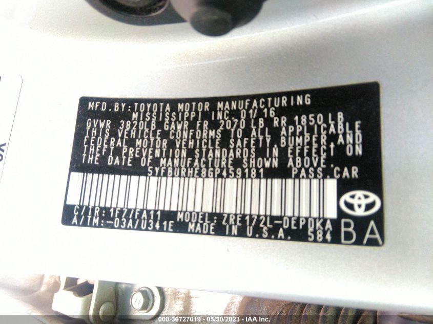 2016 TOYOTA COROLLA L/LE/S/S PLUS/LE PLUS - 5YFBURHE8GP459181