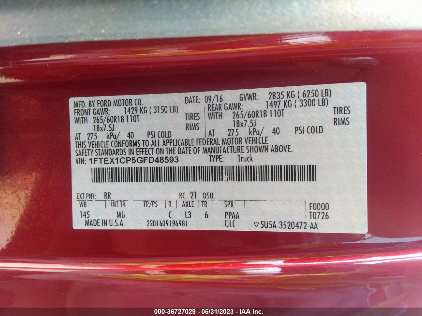 2016 FORD F-150 XL/LARIAT/XLT - 1FTEX1CP5GFD48593