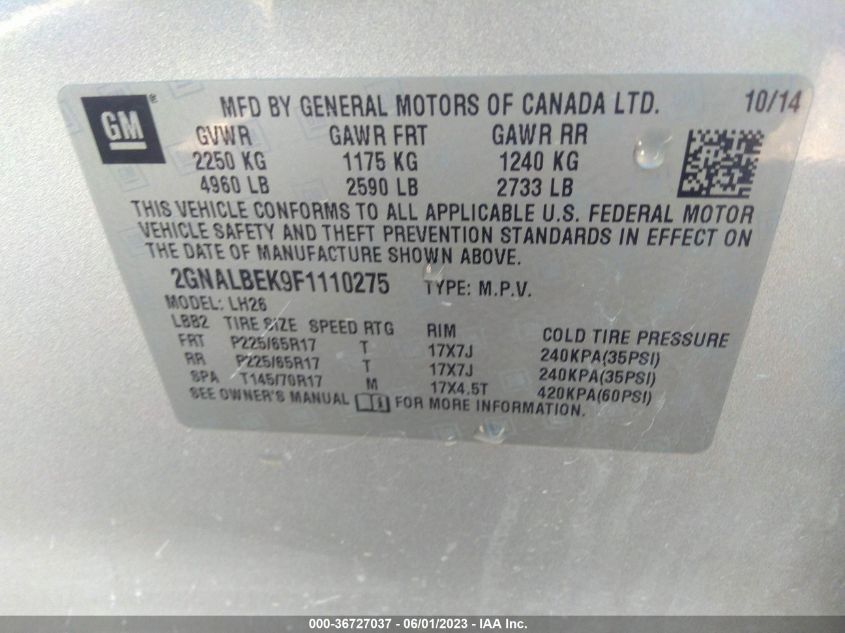 2015 CHEVROLET EQUINOX LT - 2GNALBEK9F1110275