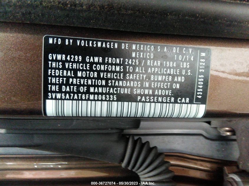 2015 VOLKSWAGEN BEETLE CONVERTIBLE 2.0L TDI 3VW5A7AT6FM806335