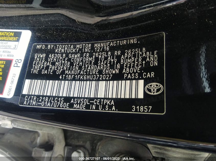 2017 TOYOTA CAMRY XLE/SE/LE/XSE - 4T1BF1FK6HU372027