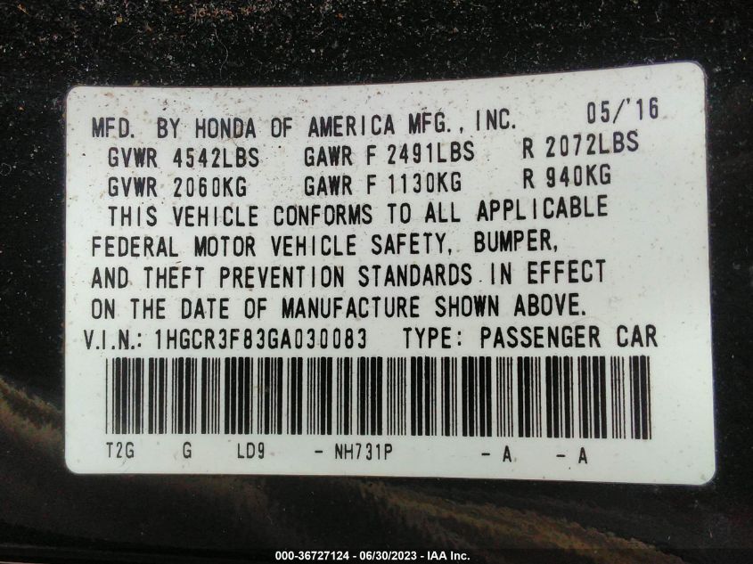 2016 HONDA ACCORD SEDAN EX-L - 1HGCR3F83GA030083