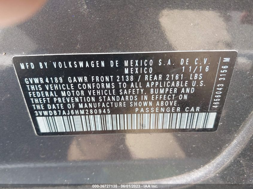 2017 VOLKSWAGEN JETTA 1.4T SE - 3VWDB7AJ6HM280945