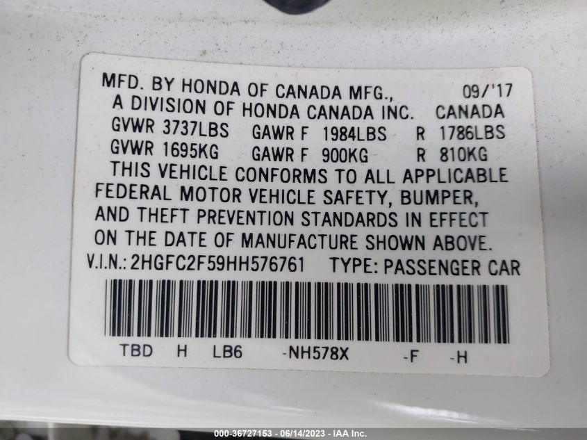 2017 HONDA CIVIC SEDAN LX - 2HGFC2F59HH576761