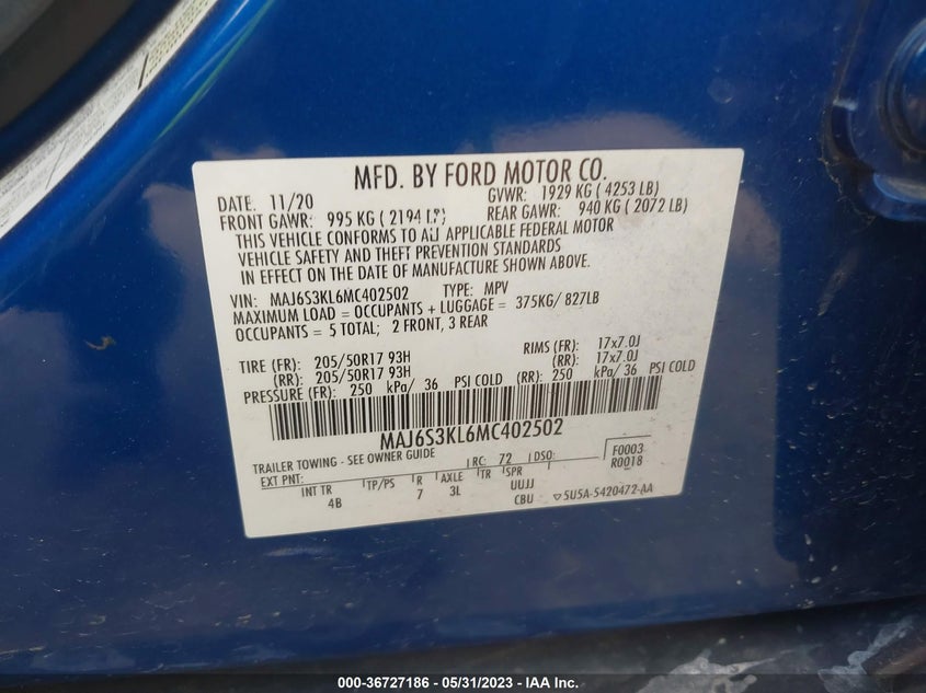 VIN MAJ6S3KL6MC402502 2021 FORD ECOSPORT TITANIUM