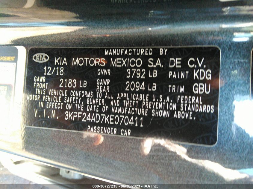 2019 KIA FORTE LXS - 3KPF24AD7KE070411