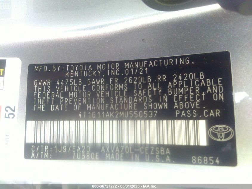 2021 TOYOTA CAMRY SE - 4T1G11AK2MU550537