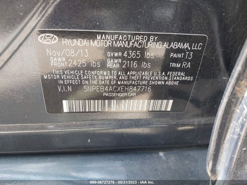 2014 HYUNDAI SONATA GLS - 5NPEB4ACXEH847716