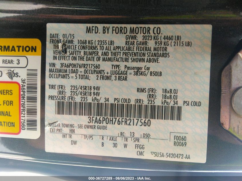 2015 FORD FUSION SE - 3FA6P0H76FR217560