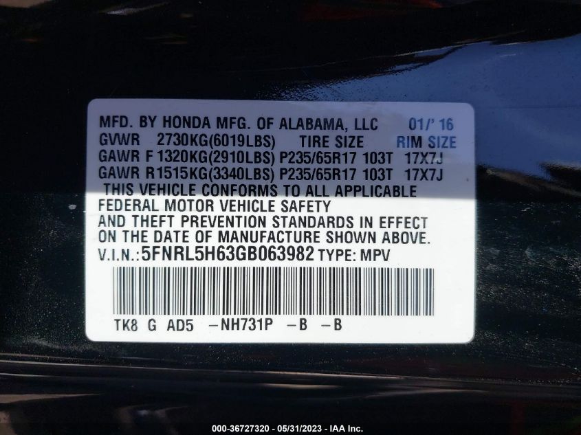 2016 HONDA ODYSSEY EX-L - 5FNRL5H63GB063982