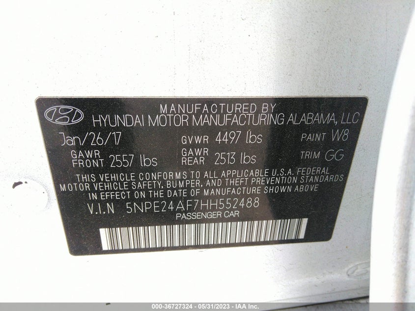 VIN 5NPE24AF7HH552488 2017 HYUNDAI SONATA SE