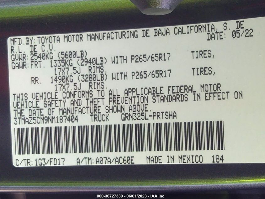 2022 TOYOTA TACOMA 2WD SR5/TRD SPORT - 3TMAZ5CN9NM187404