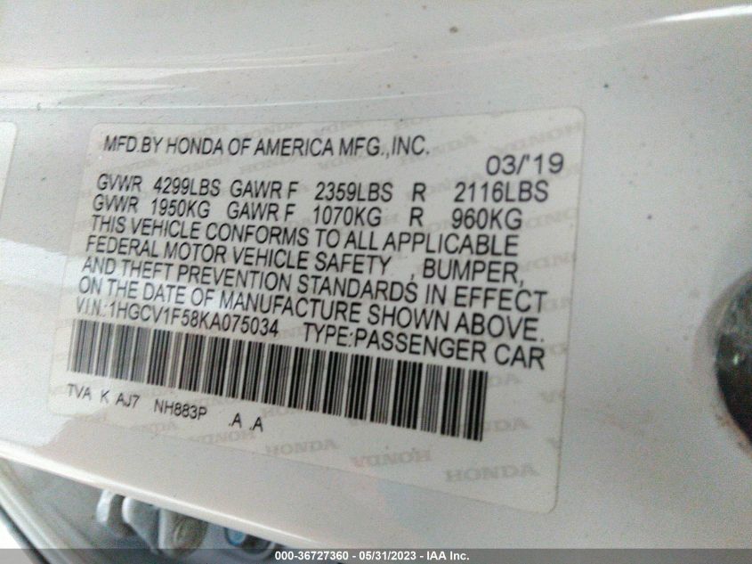 2019 HONDA ACCORD EX-L - 1HGCV1F58KA075034