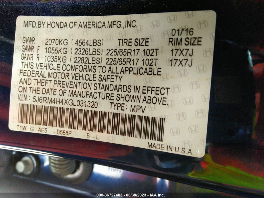 2016 HONDA CR-V SE - 5J6RM4H4XGL031320