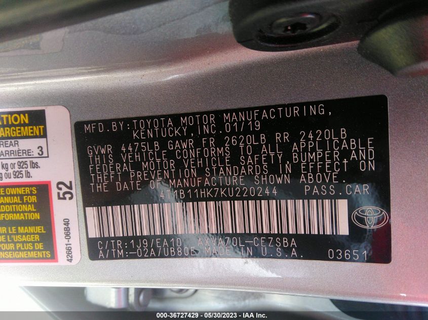 2019 TOYOTA CAMRY LE/SE/XLE/L - 4T1B11HK7KU220244