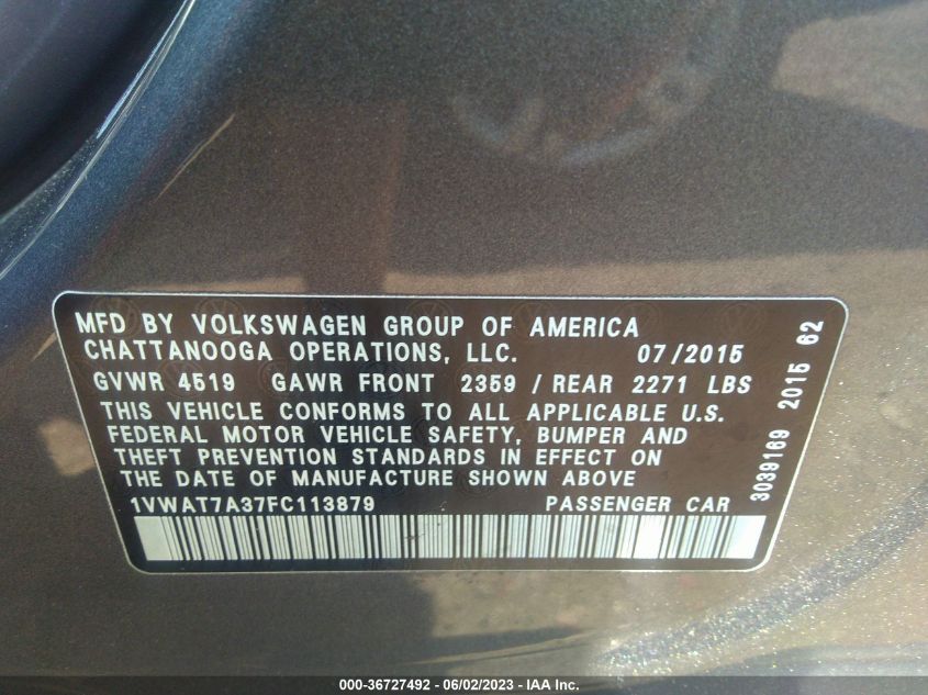 2015 VOLKSWAGEN PASSAT 1.8T LIMITED EDITION - 1VWAT7A37FC113879