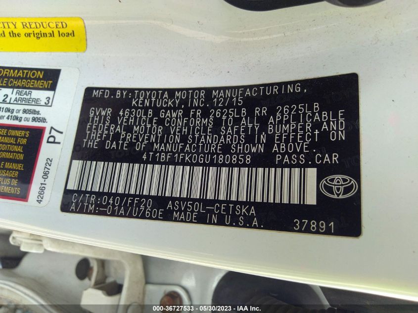 2016 TOYOTA CAMRY XLE/SE/LE/XSE - 4T1BF1FK0GU180858