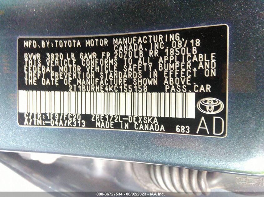 2019 TOYOTA COROLLA L/LE/SE/XLE/XSE - 2T1BURHE4KC155158