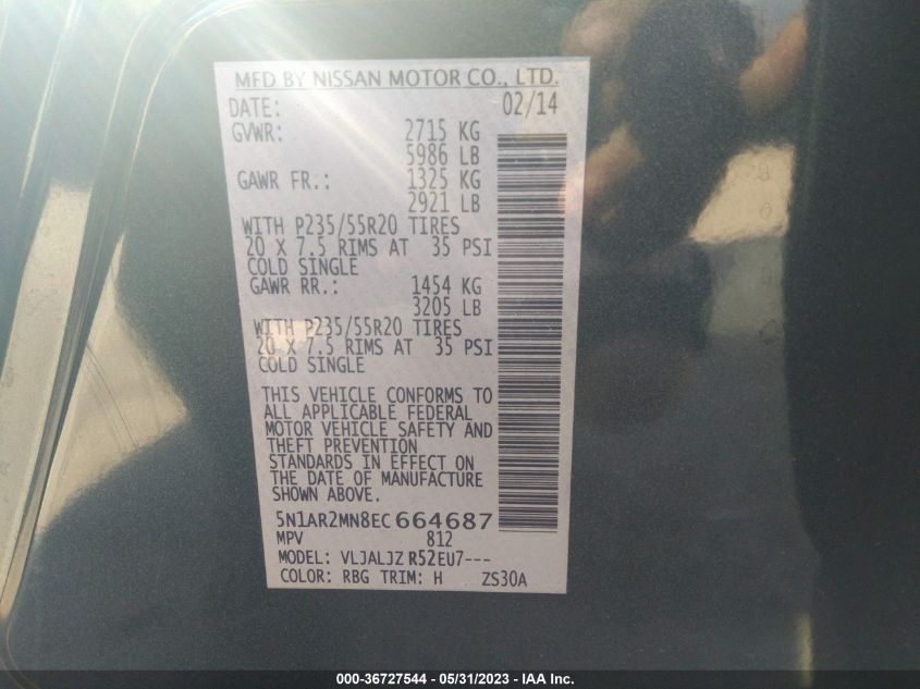 2014 NISSAN PATHFINDER PLATINUM - 5N1AR2MN8EC664687
