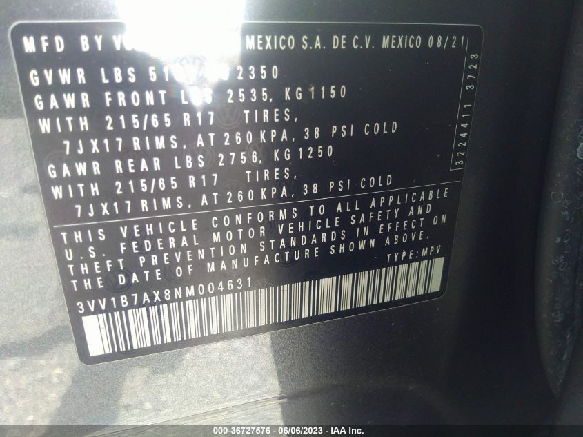 2022 VOLKSWAGEN TIGUAN S - 3VV1B7AX8NM004631