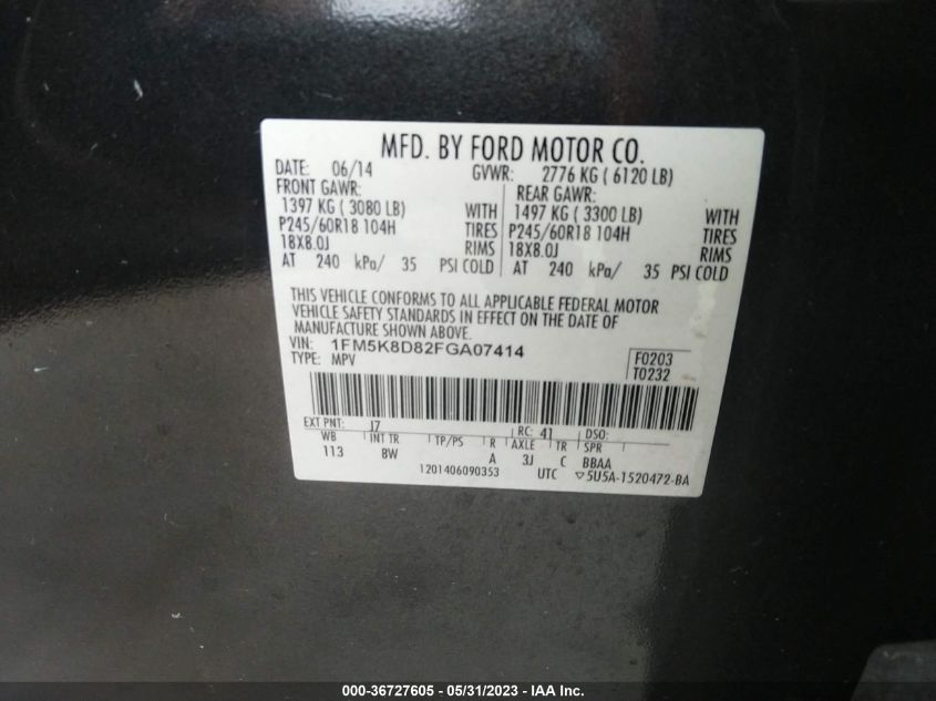 2015 FORD EXPLORER XLT - 1FM5K8D82FGA07414