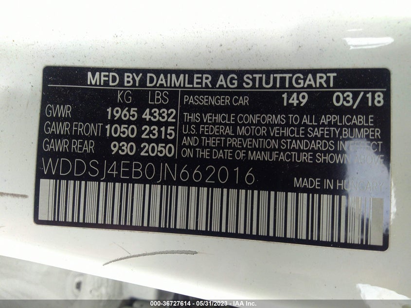 VIN WDDSJ4EB0JN662016 2018 MERCEDES-BENZ CLA CLA 250