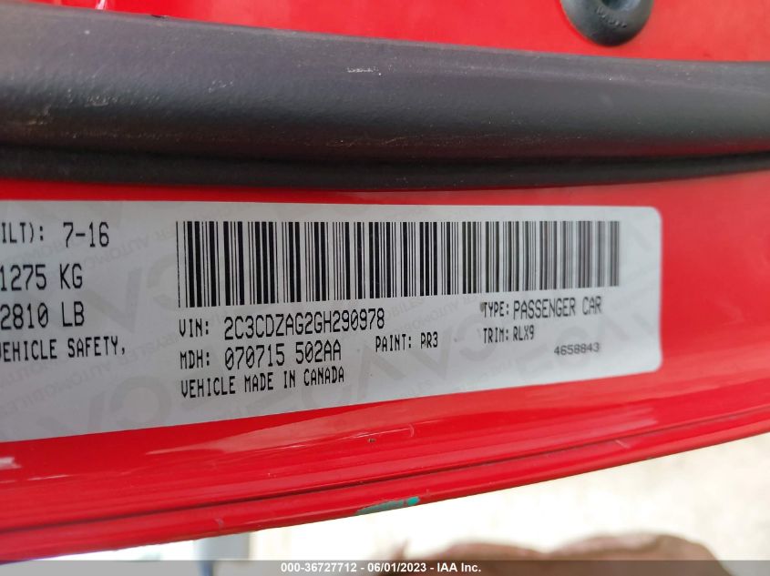 2016 DODGE CHALLENGER SXT PLUS - 2C3CDZAG2GH290978